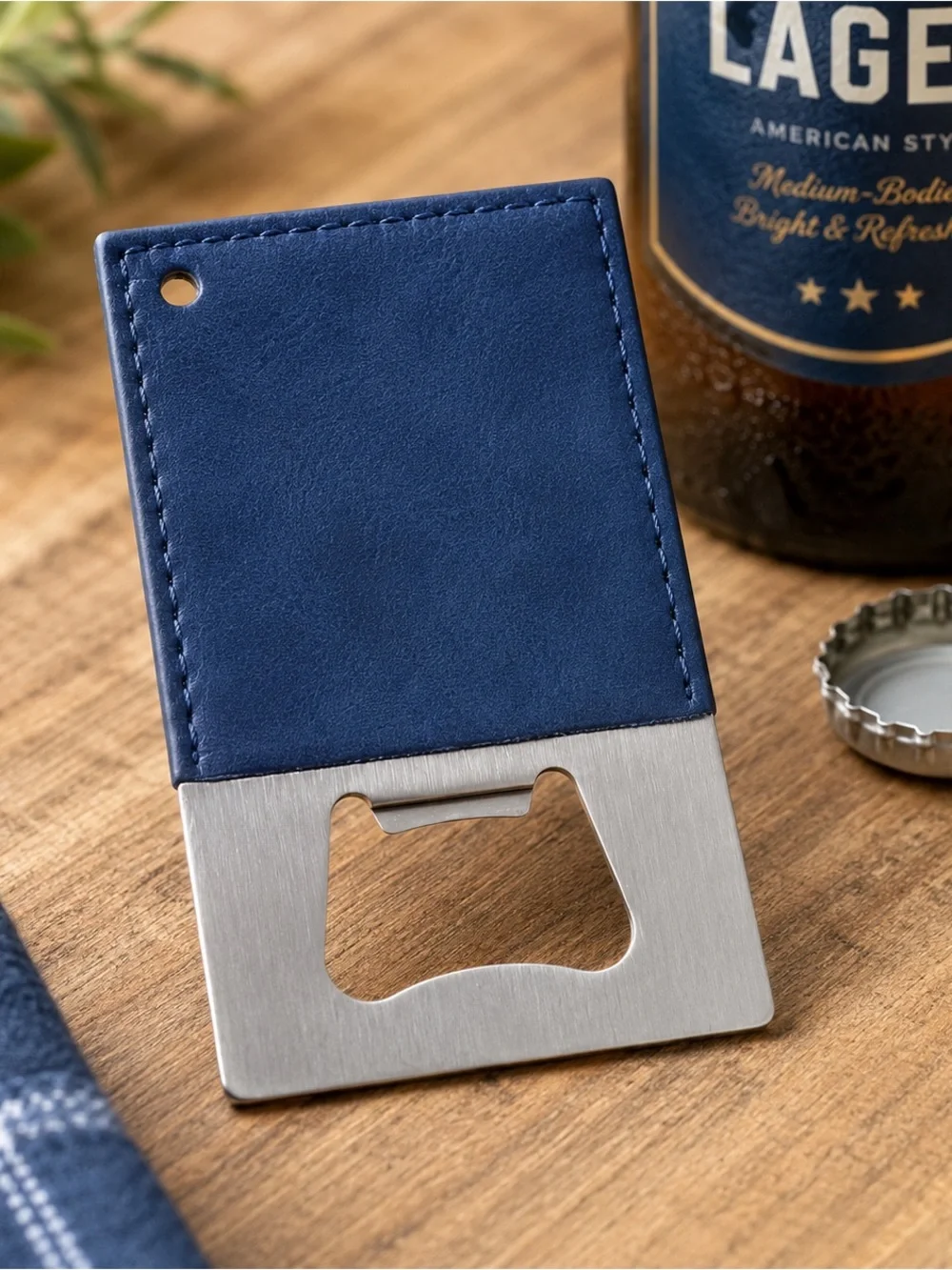 Blue Leather Credit Card Bottle Opener | Stainless Steel Wallet Opener